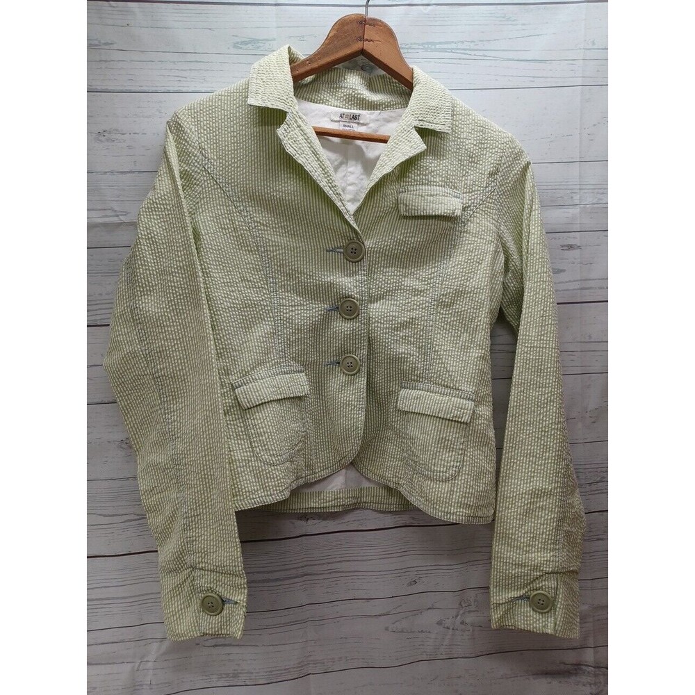 AT LAST Seersucker Striped Blazer Jacket Lined Girls Green White Striped Sz S